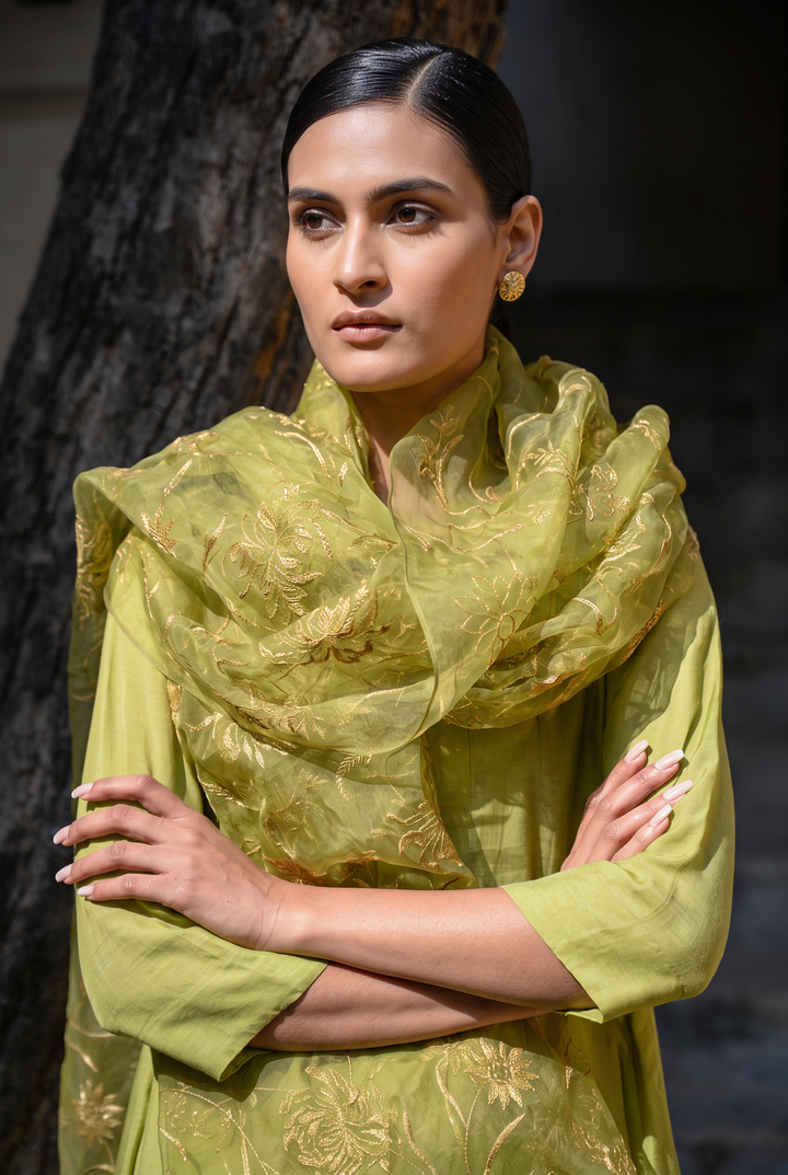 GREEN FLORAL ESCAPE MUSLIN PANELLED KURTA SET