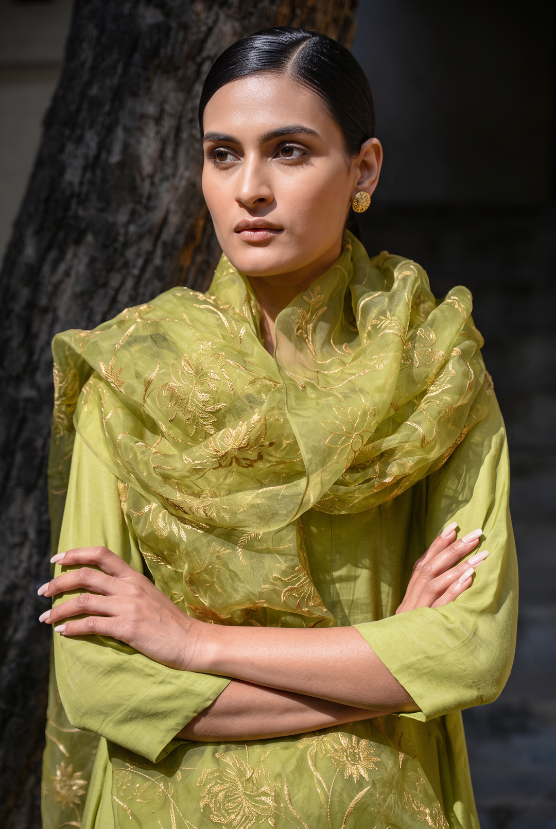 GREEN FLORAL ESCAPE MUSLIN PANELLED KURTA SET