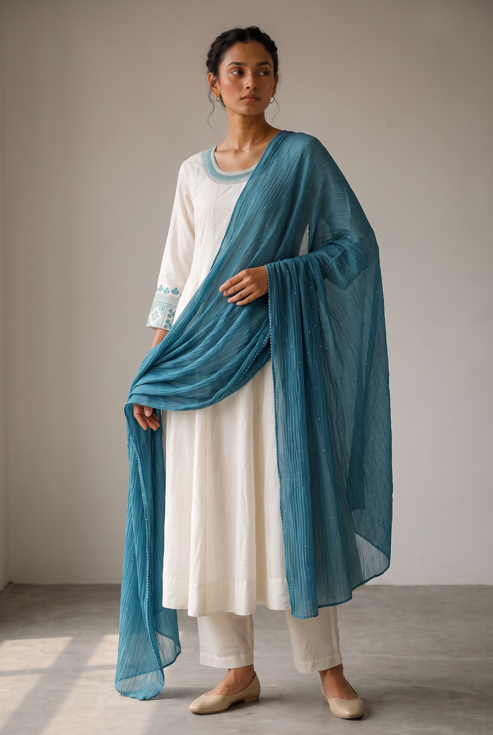 Off White & Teal Embroidered Cotton Silk Kurta Set