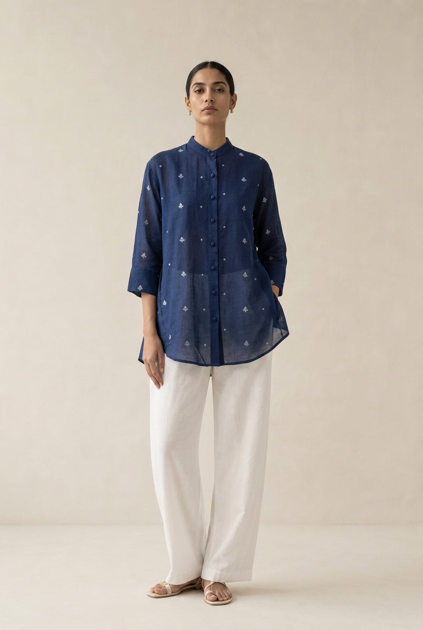 Jamdani Blue Woven Cotton Shirt