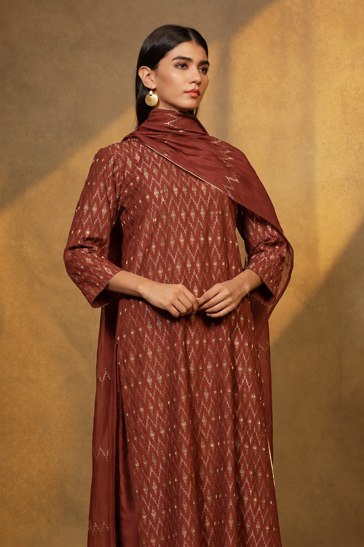 Rust Embroidered Cotton Silk Kurta with Pants and Dupatta