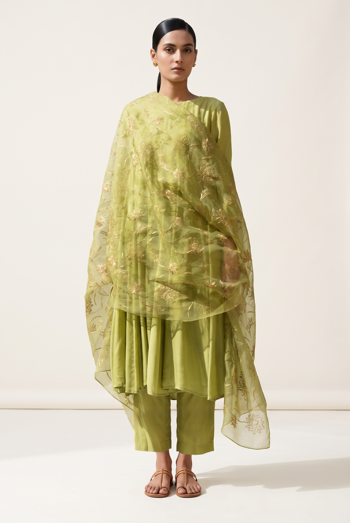 GREEN FLORAL ESCAPE MUSLIN PANELLED KURTA SET