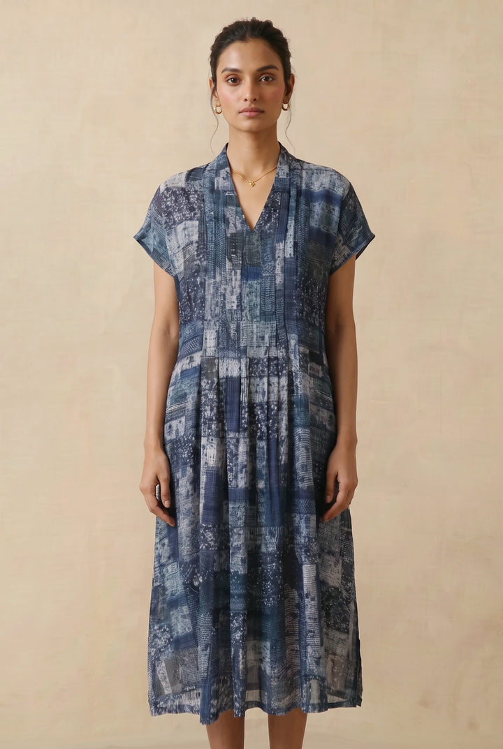 Navy Mosaic Print Cotton Dress
