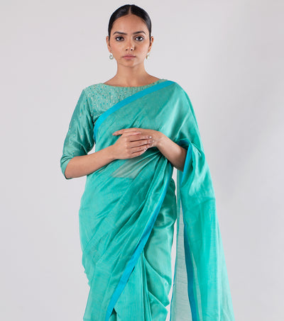 Turquoise Hand Woven Chanderi Silk Saree