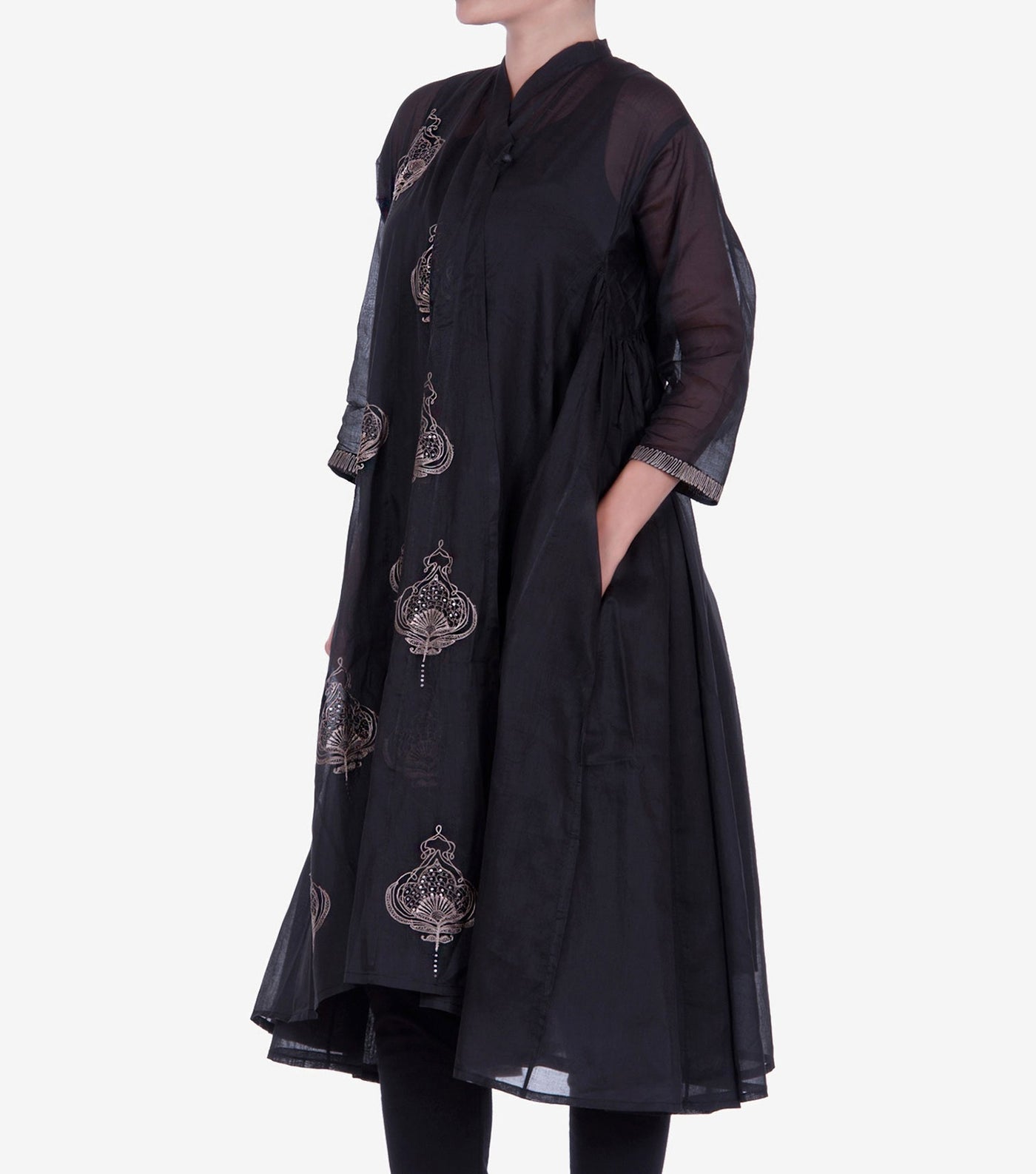 Black Embroidered Cotton Choga