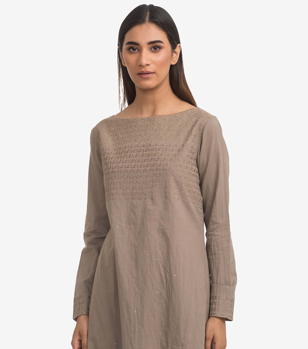 Beige cambric embroidered kurta & pants set