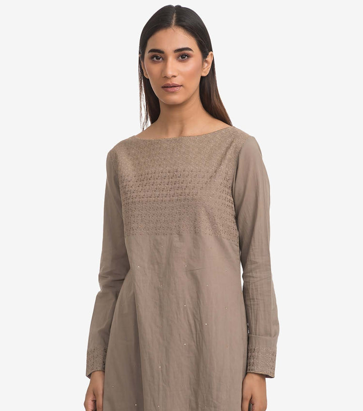 Beige cambric embroidered kurta & pants set
