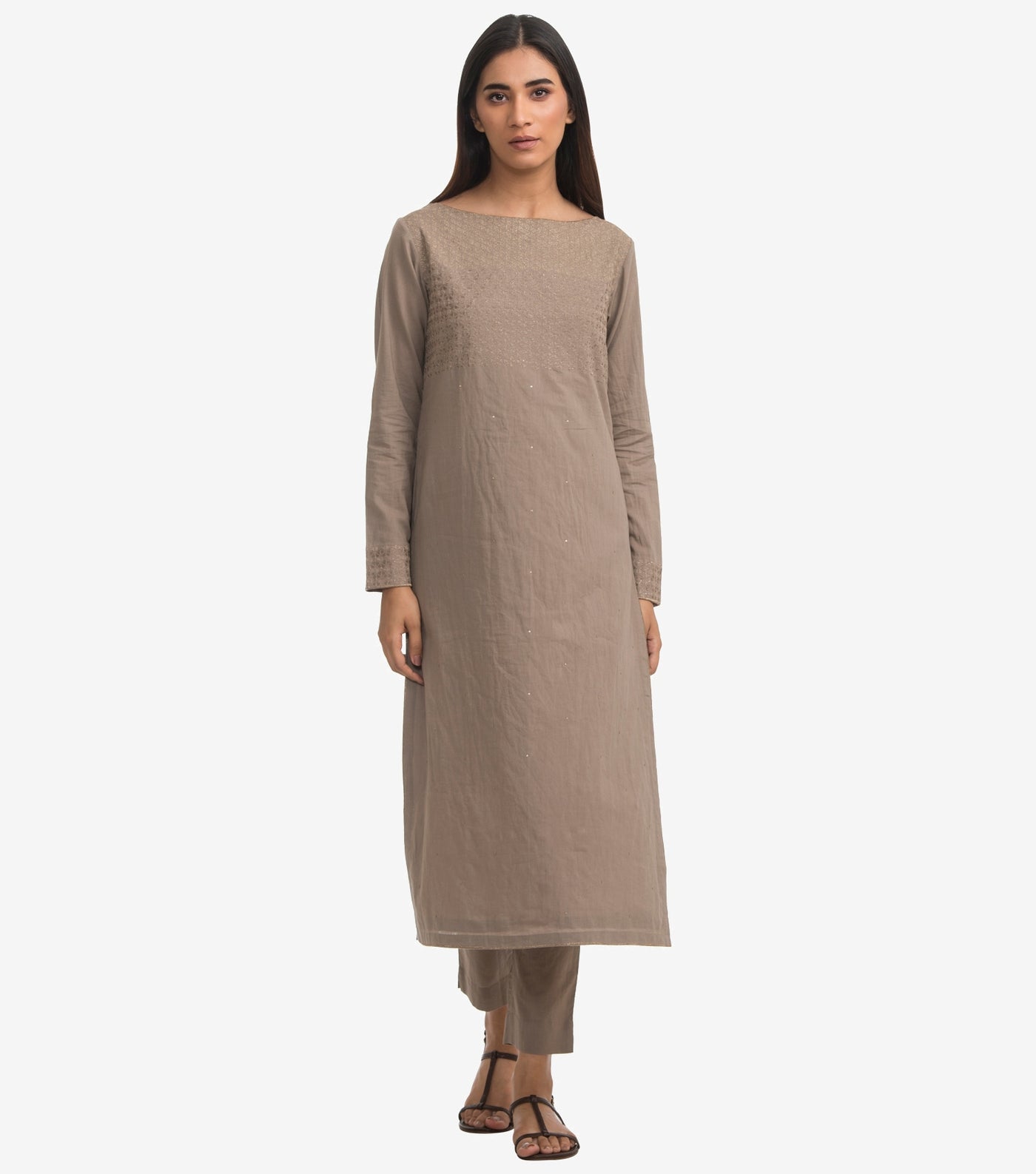 Beige cambric embroidered kurta set
