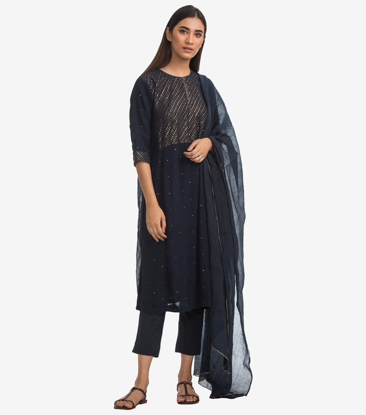 Navy Blue Georgette Embroidered Kurta