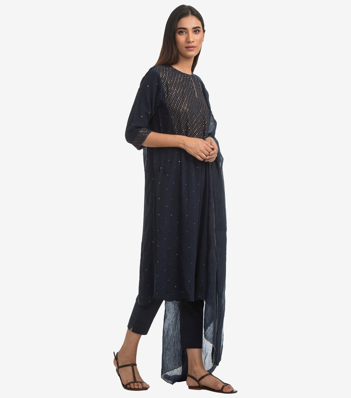 Navy Blue Georgette Embroidered Kurta