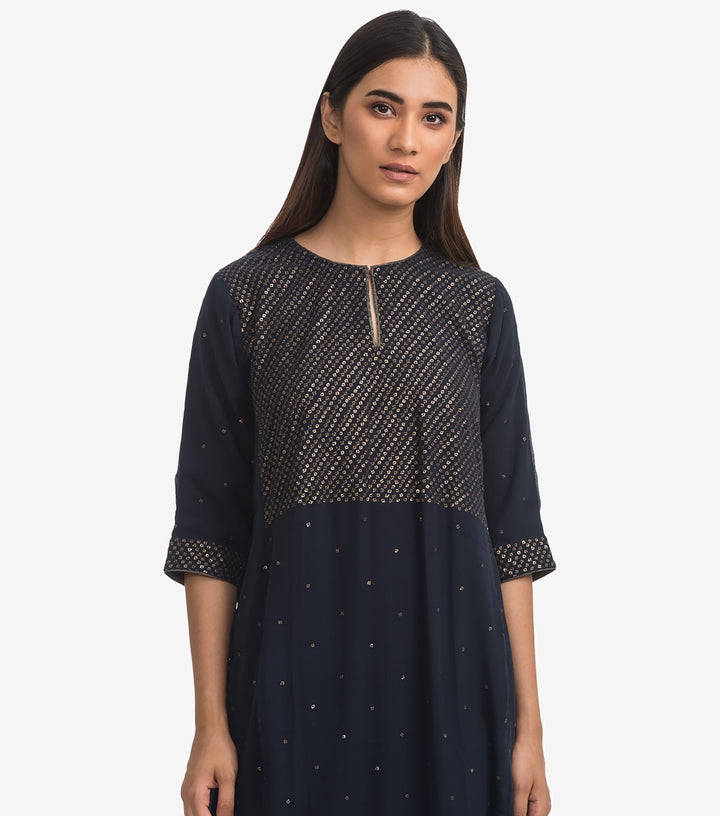Navy Blue Georgette Embroidered Kurta