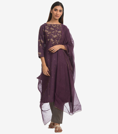 Purple Embroidered Linen Suit set