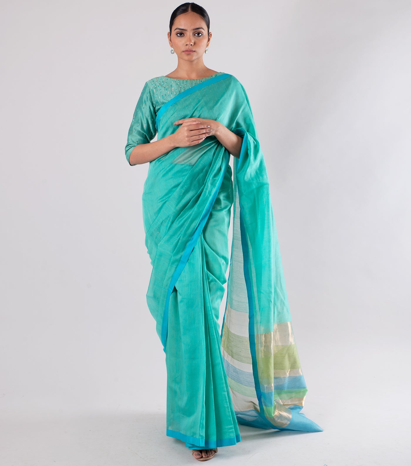 Turquoise Hand Woven Chanderi Silk Saree