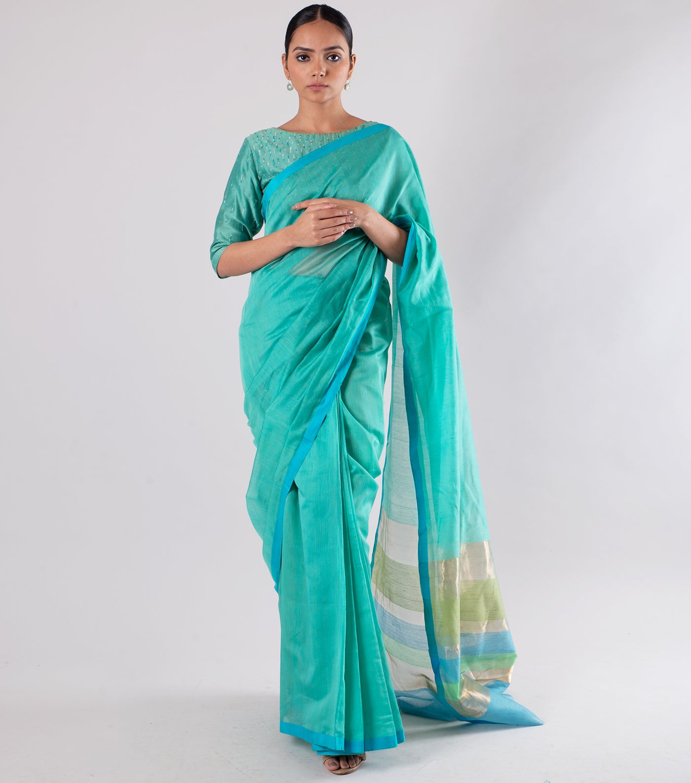 Turquoise Handwoven Chanderi Silk Saree