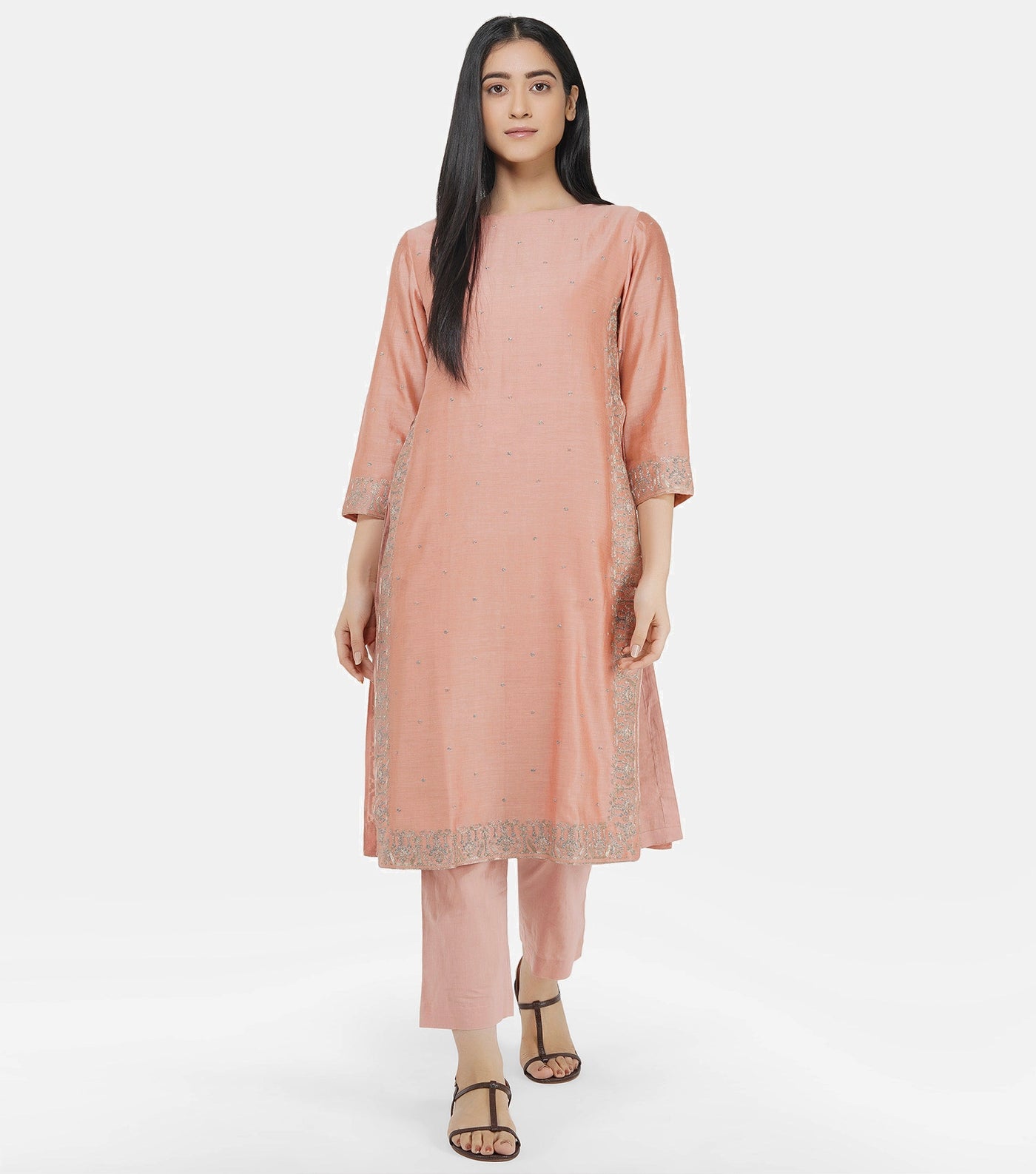 Peach Cotton Silk Kurta & Cotton Pants Set