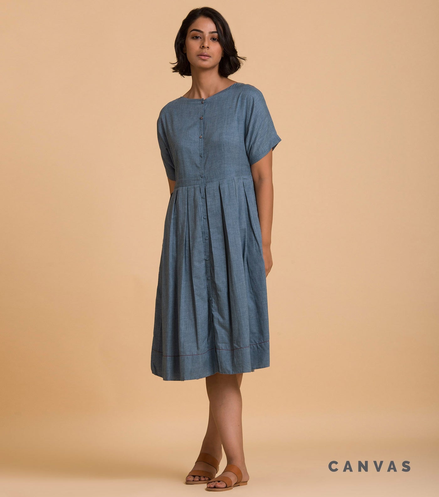 Blue solid cotton dress