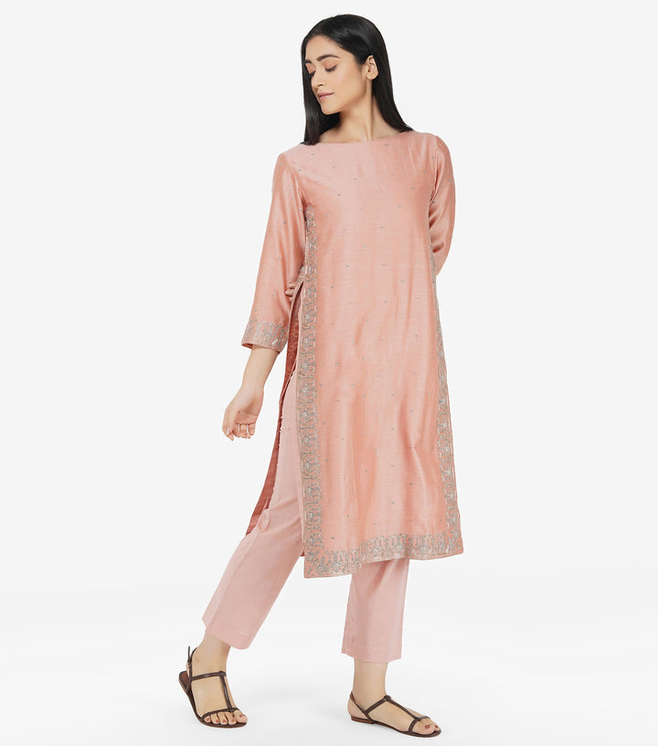 Peach Cotton Silk Kurta & Cotton Pants Set