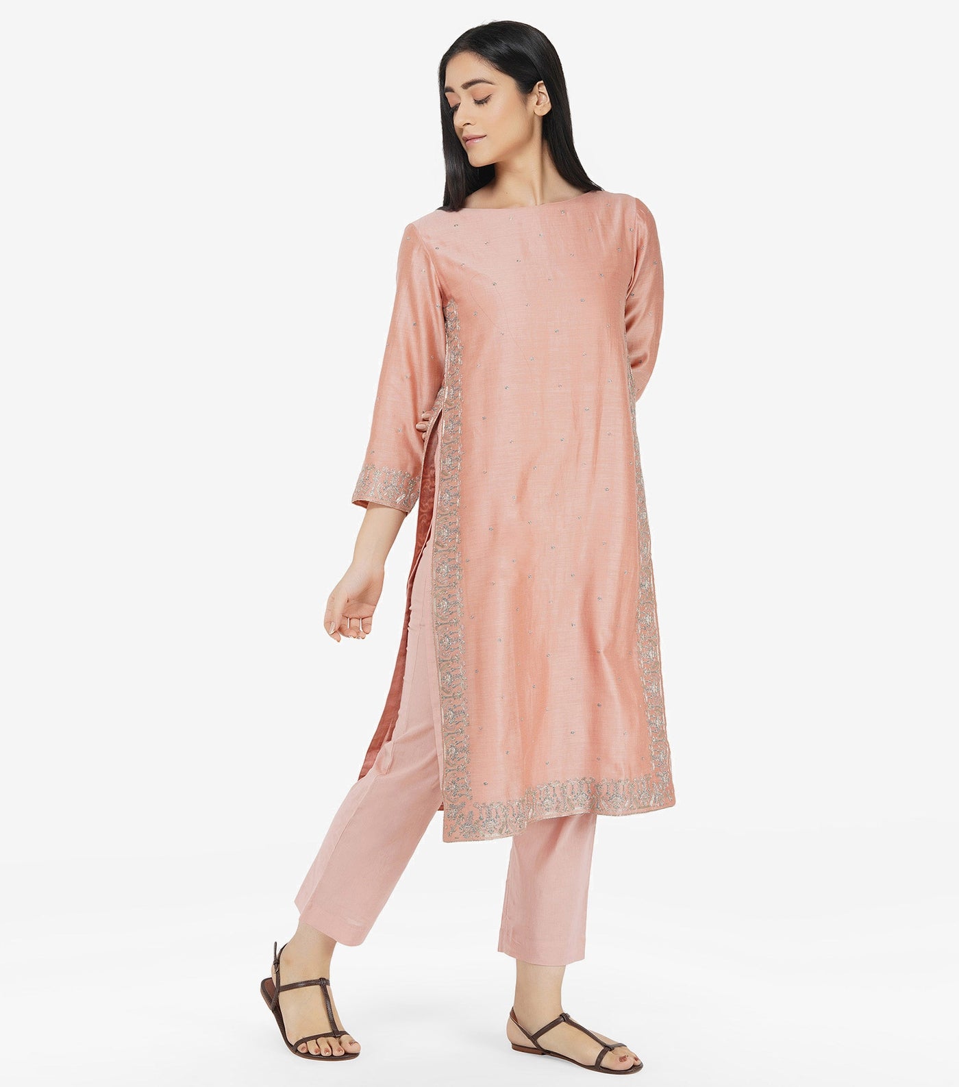 Peach Cotton Silk Kurta & Cotton Pants Set