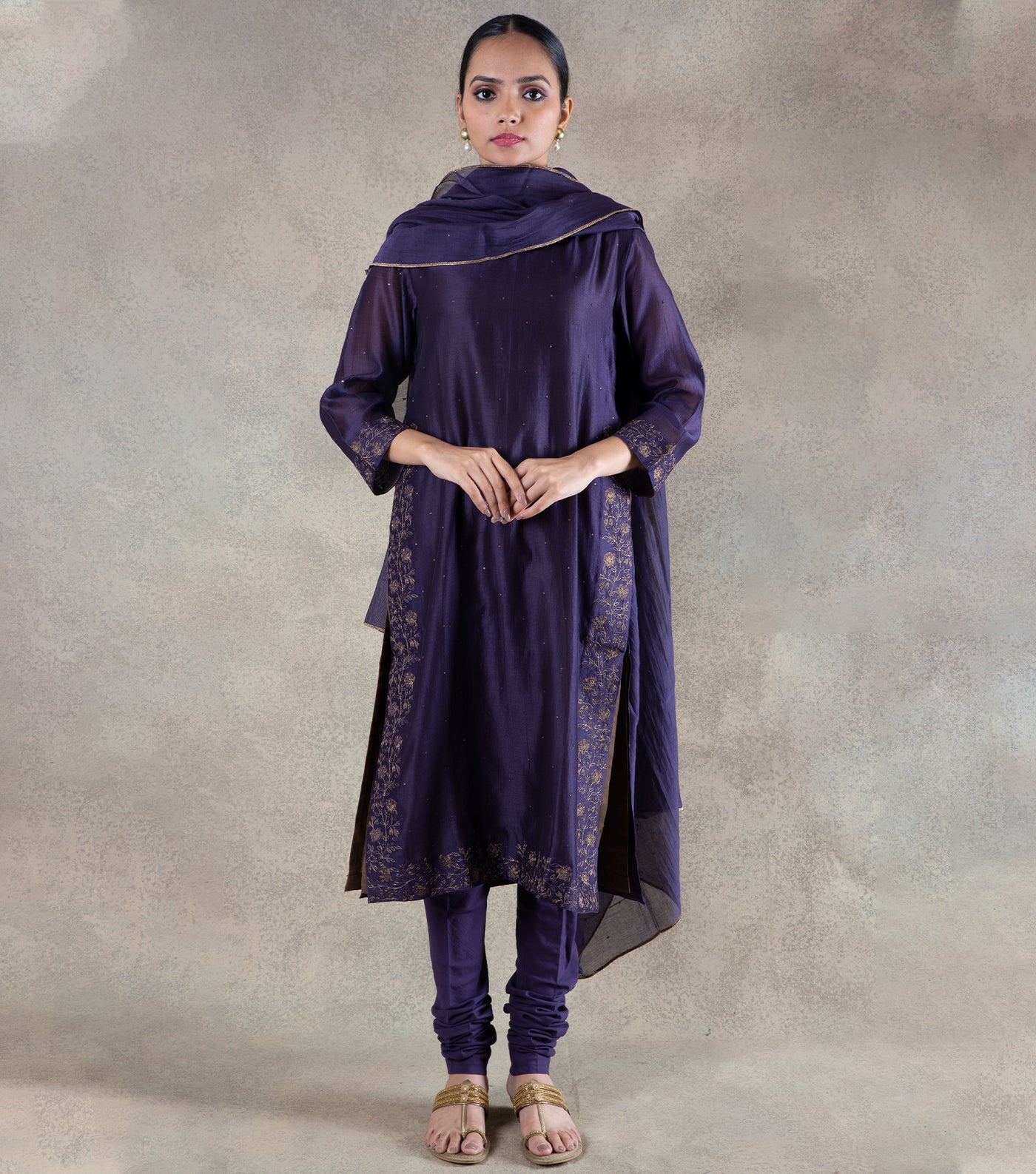 Purple Chanderi Embroidered Suit Set