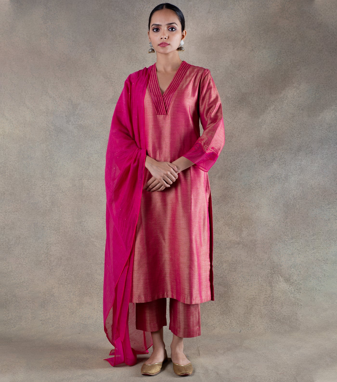 Pink Brocade Kurta with Pants and Chanderi Dupatta Set
