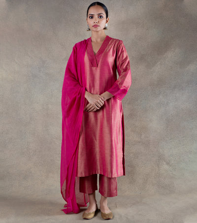 Pink Brocade Kurta with Pants and Chanderi Dupatta Set