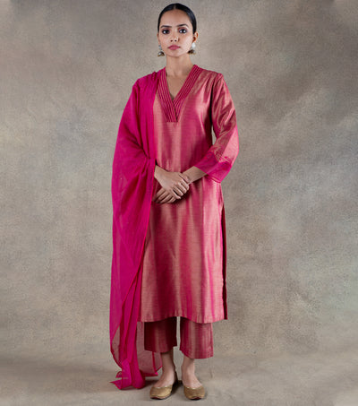 Pink Brocade Kurta with Pants and Chanderi Dupatta - Set of 3