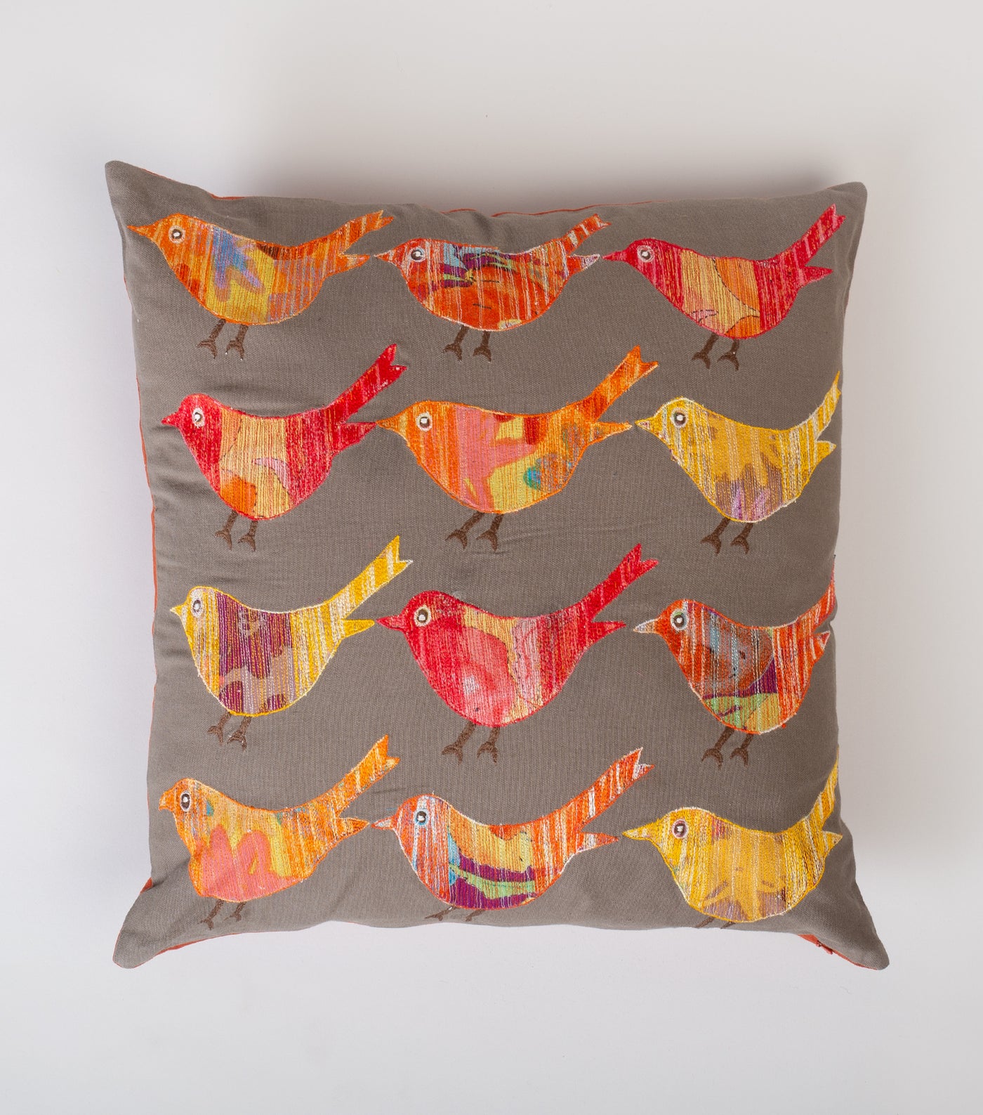 Grey Bird Embroidered Cotton Cushion Cover