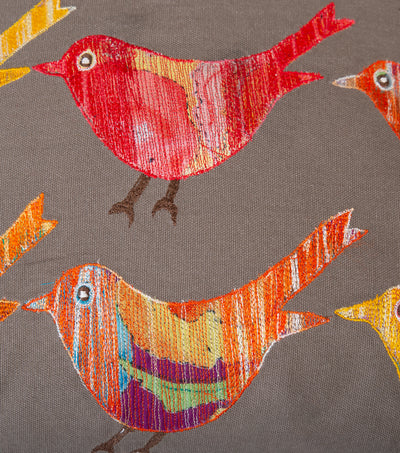 Grey Bird Embroidered Cotton Cushion Cover