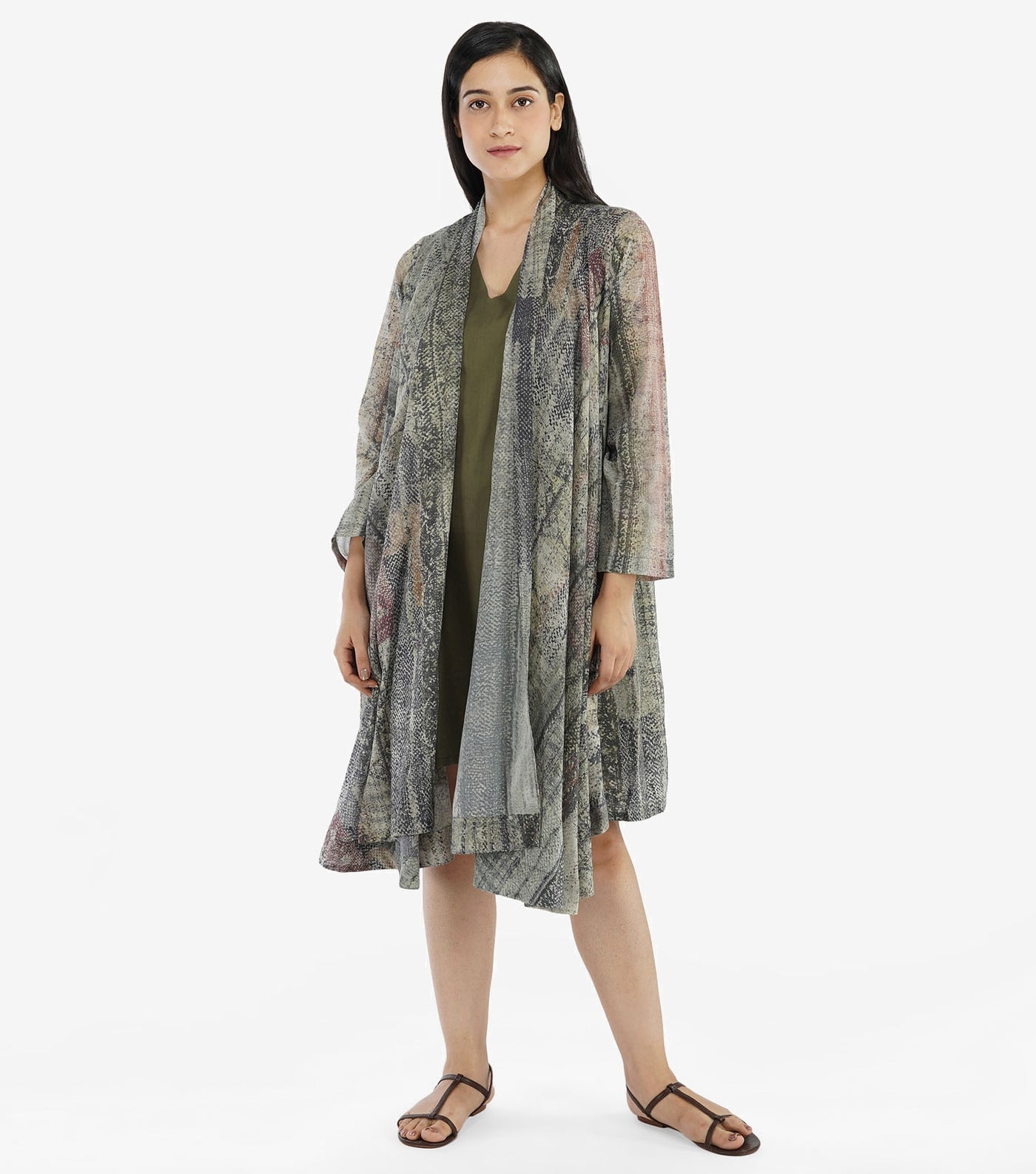 Olive cotton printed cape dress