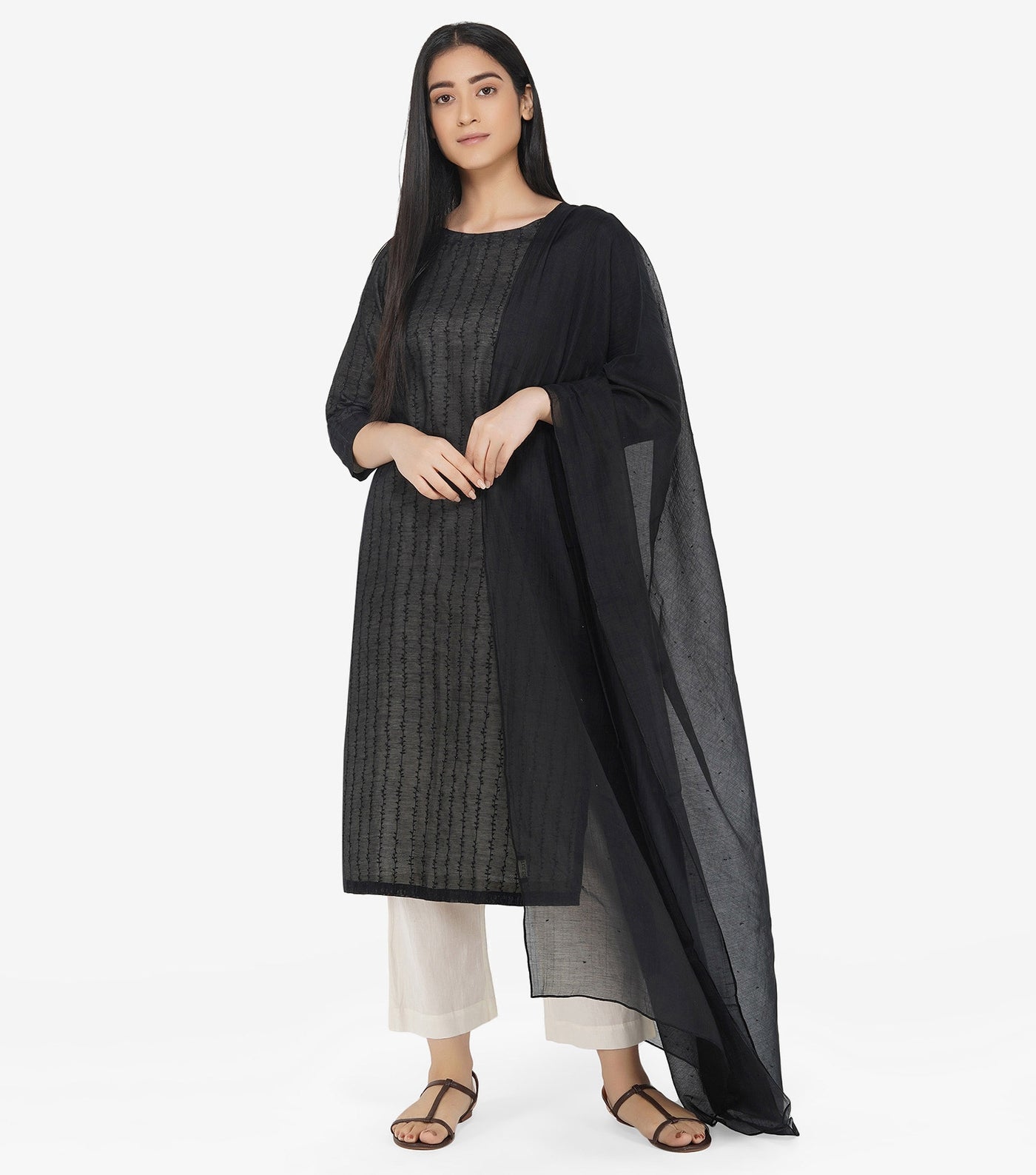 Black Embroidered Cotton Silk Kurta & Dupatta Set