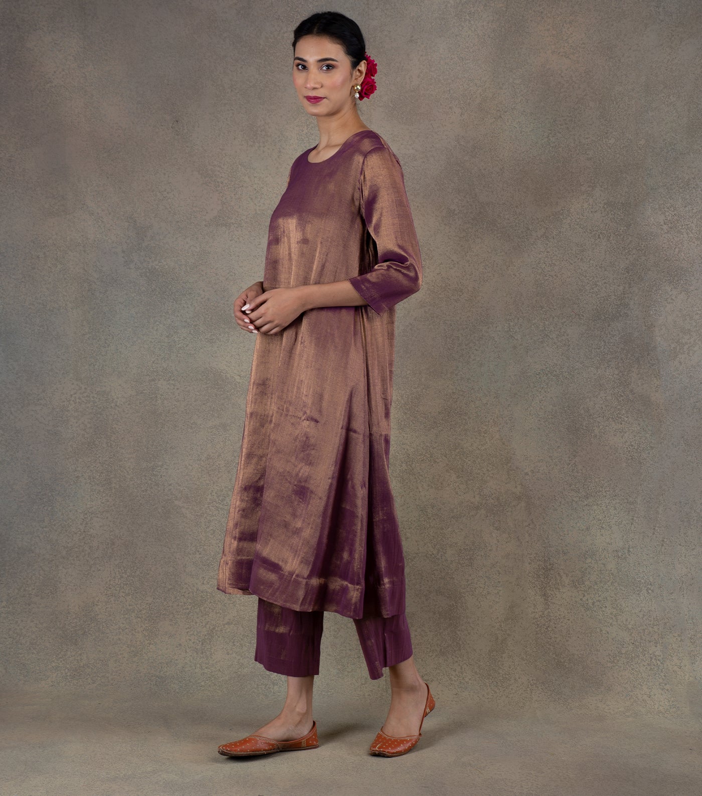 Purple Tissue Flared Kurta & Palazzo Pants Set