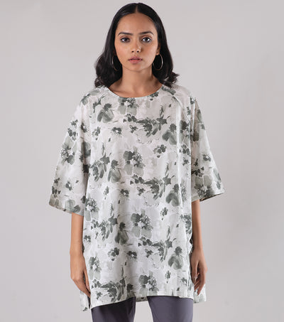 White Green Printed Cotton Top