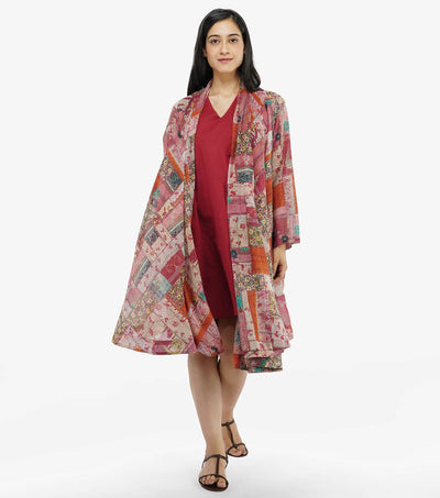 Red silk printed cape dress