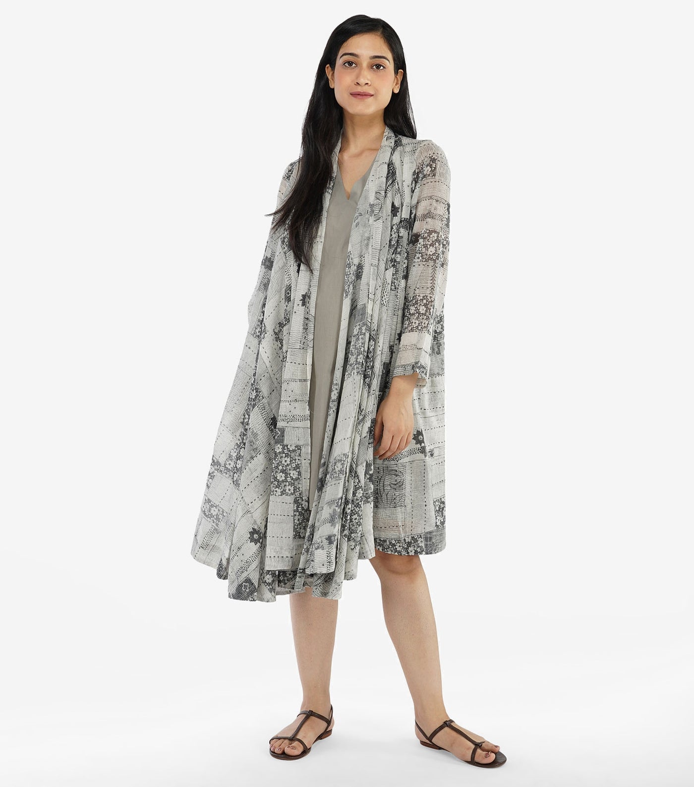 Grey silk printed cape dress
