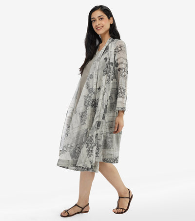 Grey silk printed cape dress