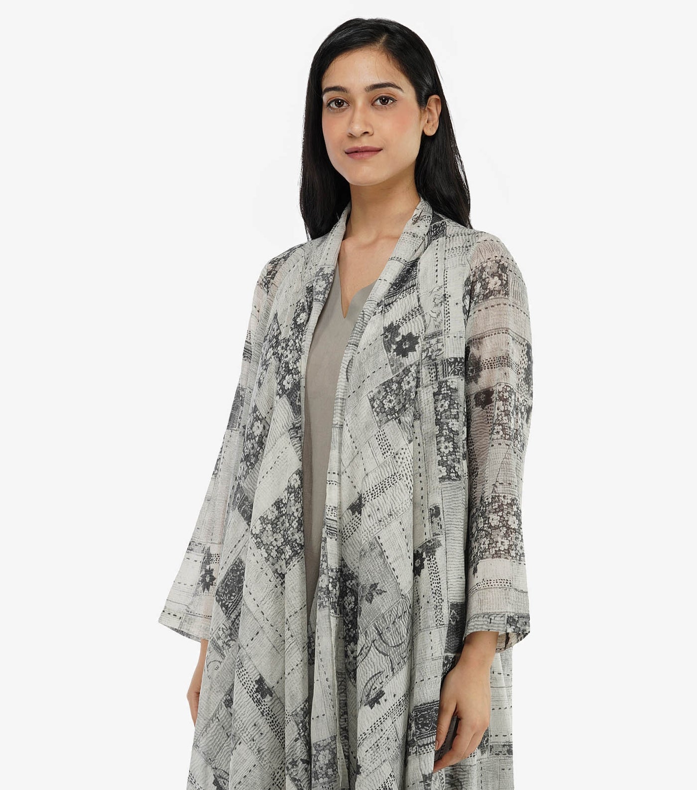 Grey silk printed cape dress