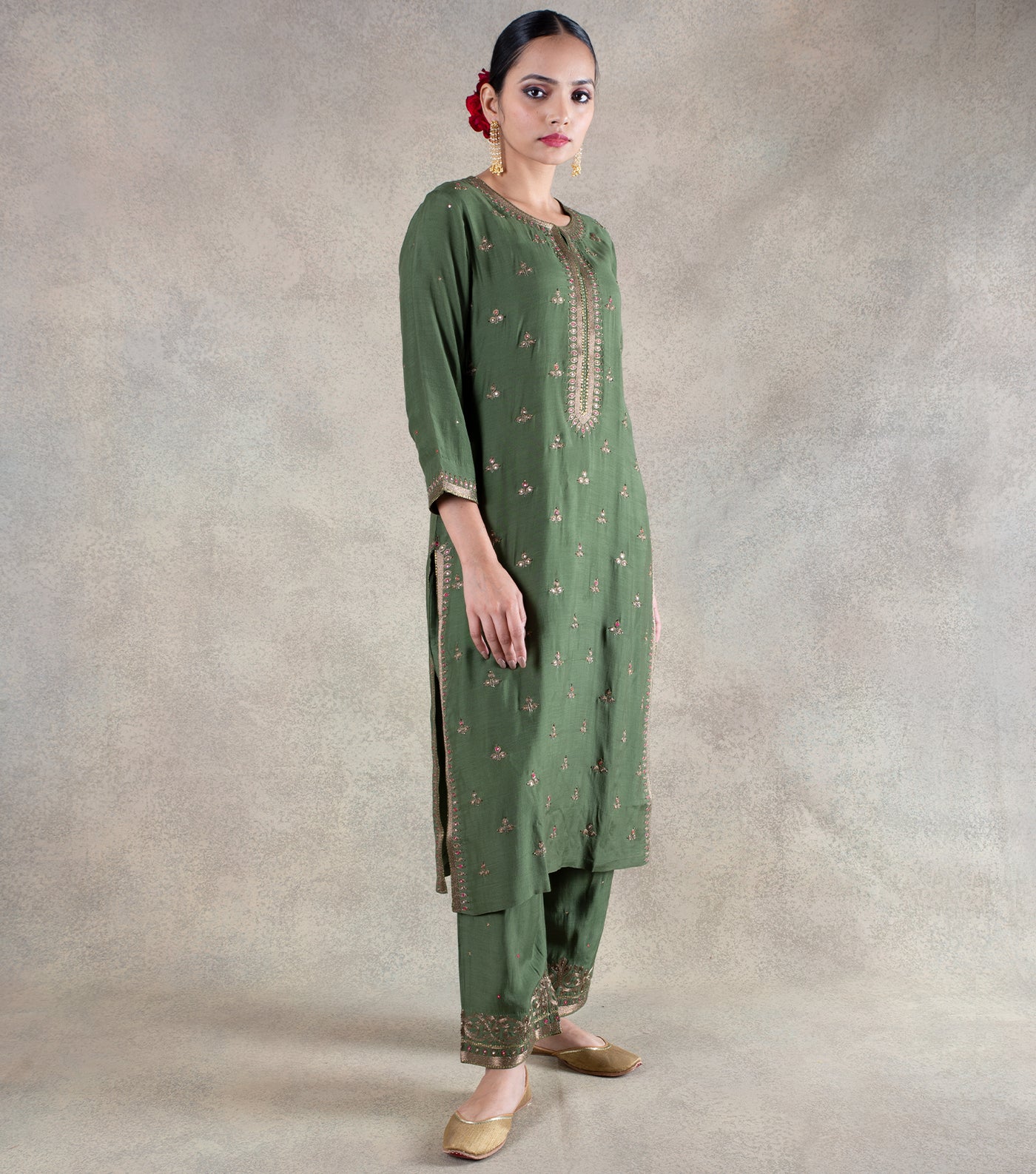 Olive Green Hand Embroidered Suit Set