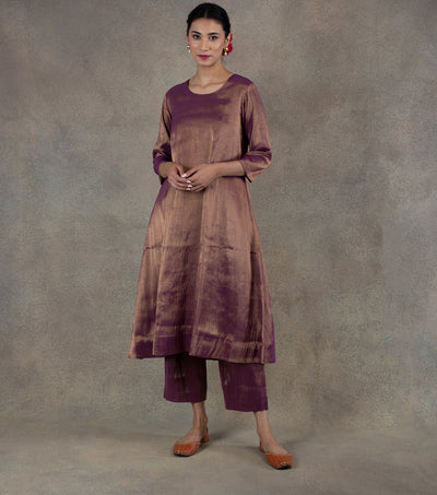 Purple Tissue Flared Kurta & Palazzo Pants Set