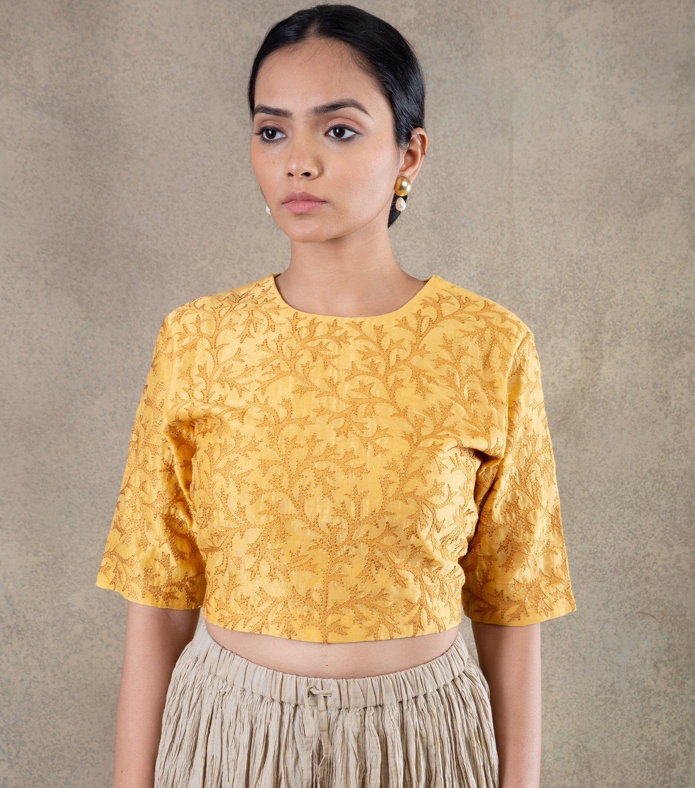 Yellow chanderi embroidered Blouse