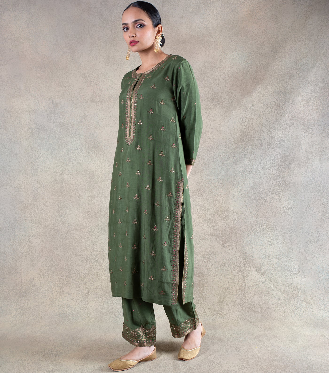 Olive Green Hand Embroidered Suit Set