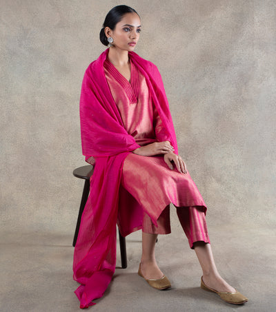 Pink Brocade Kurta with Pants and Chanderi Dupatta - Set of 3