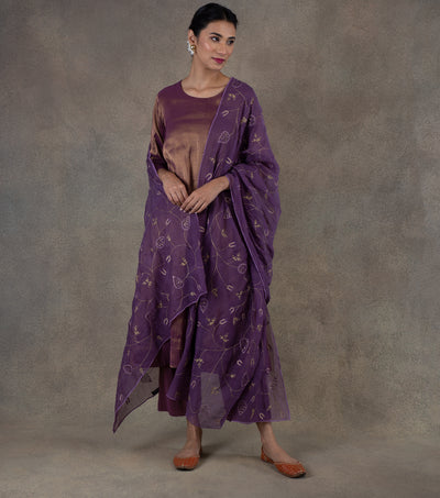 Purple Tissue Flared Kurta & Palazzo Pants Set