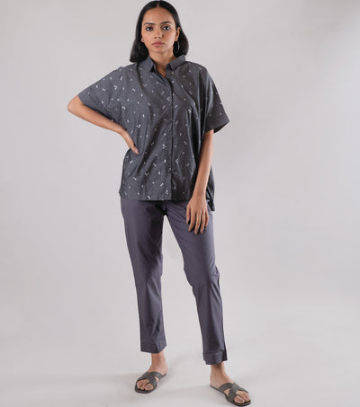 Grey Cotton Embroidered Shirt