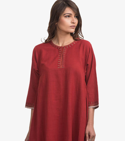 Red embroidered khadi kurta