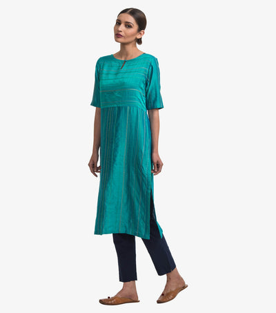 Turquoise Embroidered Chanderi Kurta & Cotton Pants Set