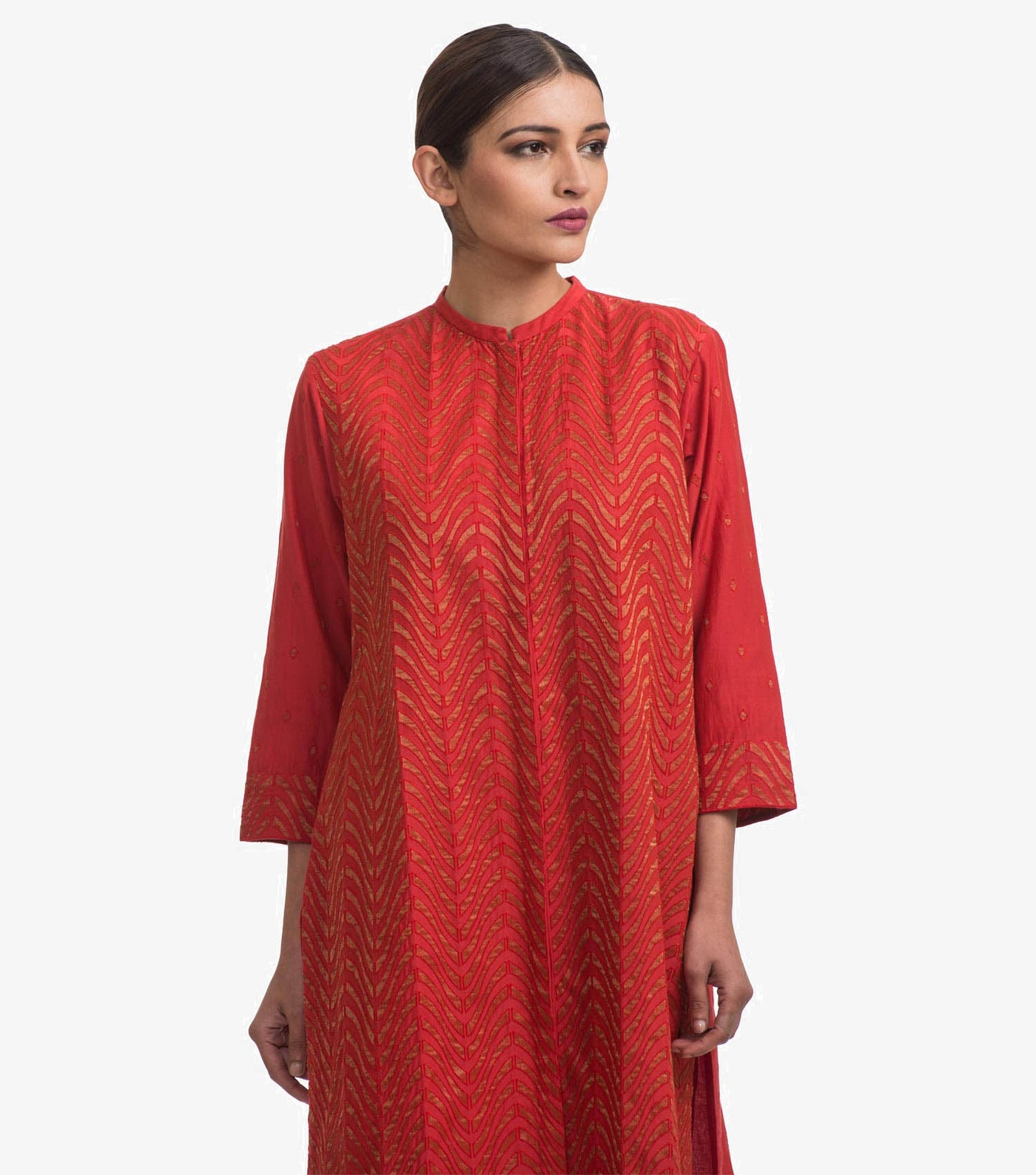 Red Silk Chanderi Embroidered Kurta