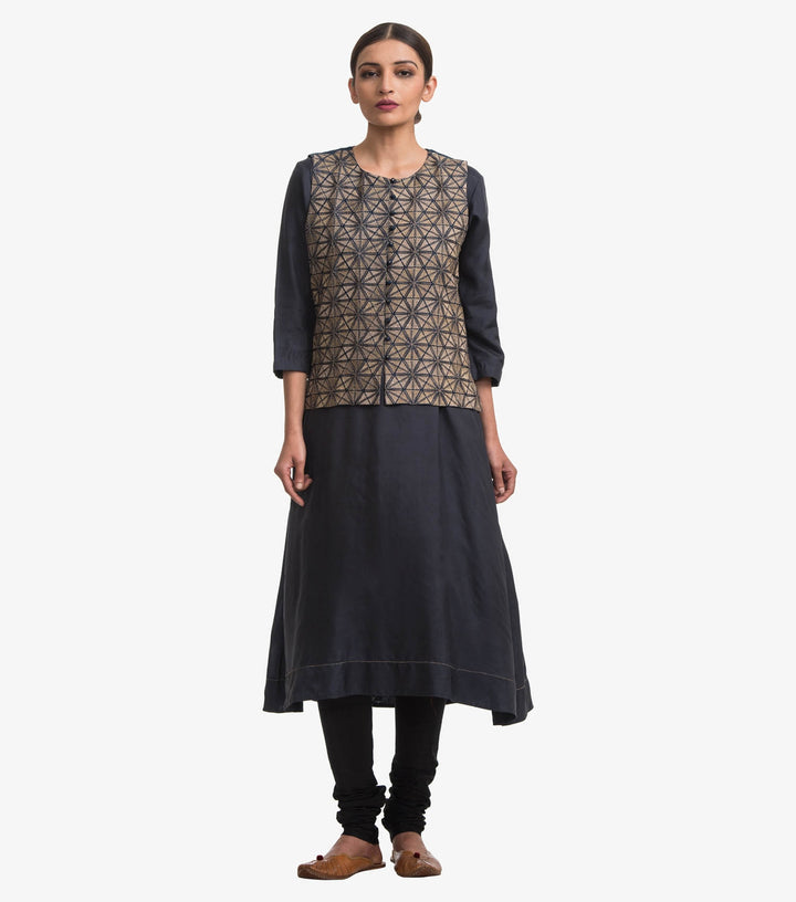 Dark blue embroidered waist coat and plain kurta