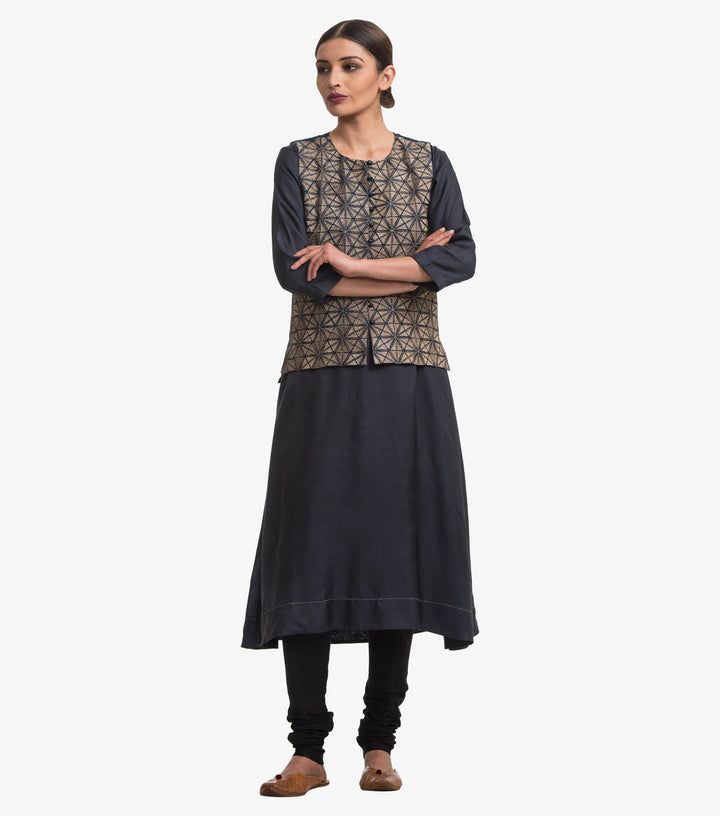 Dark blue embroidered waist coat and plain kurta