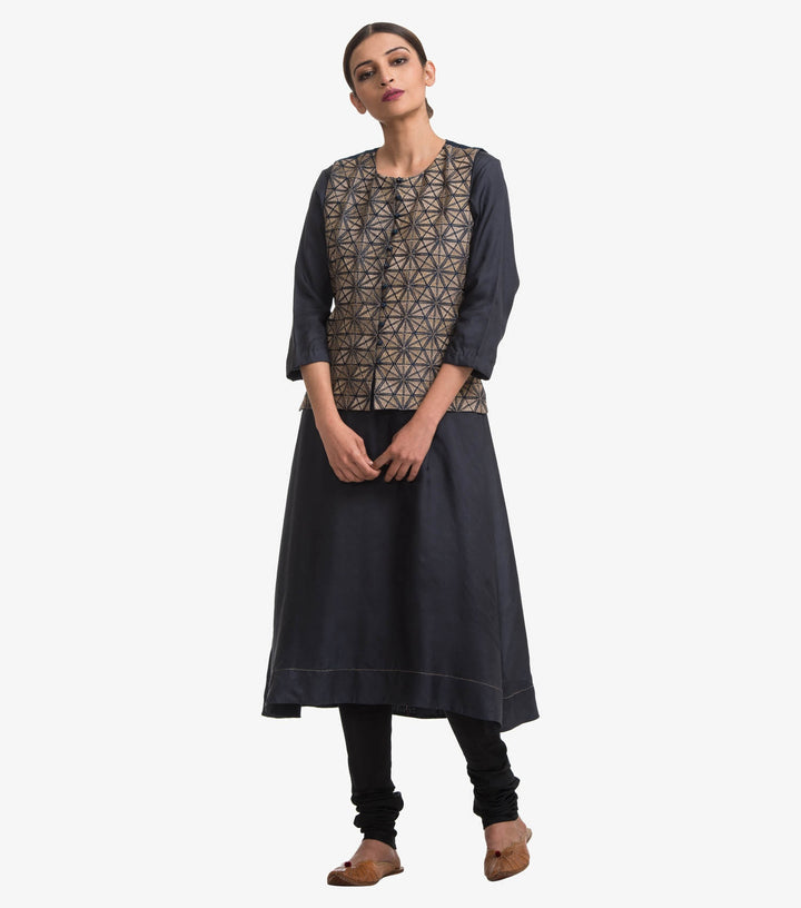 Dark blue embroidered waist coat and plain kurta