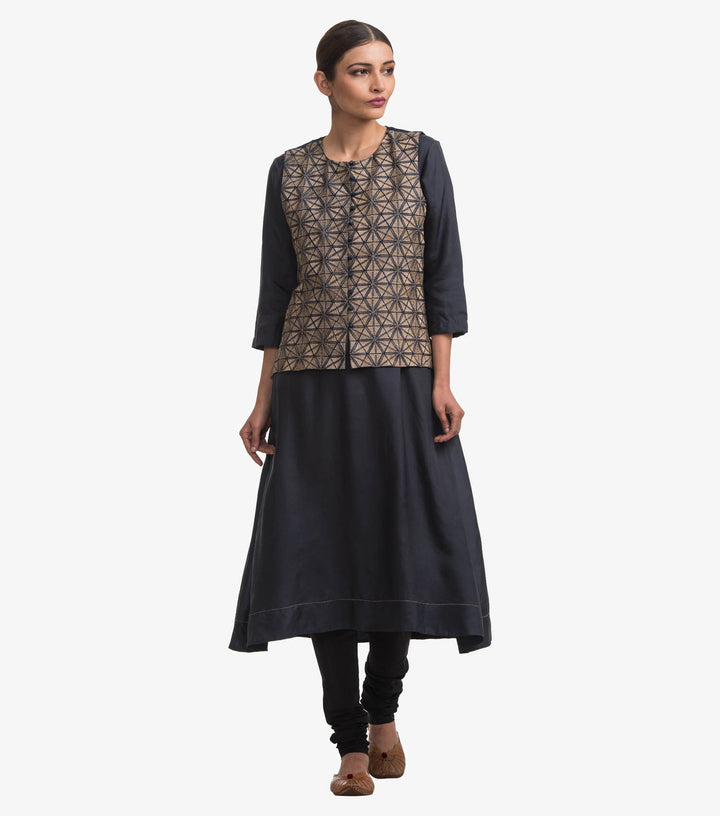 Dark blue embroidered waist coat and plain kurta